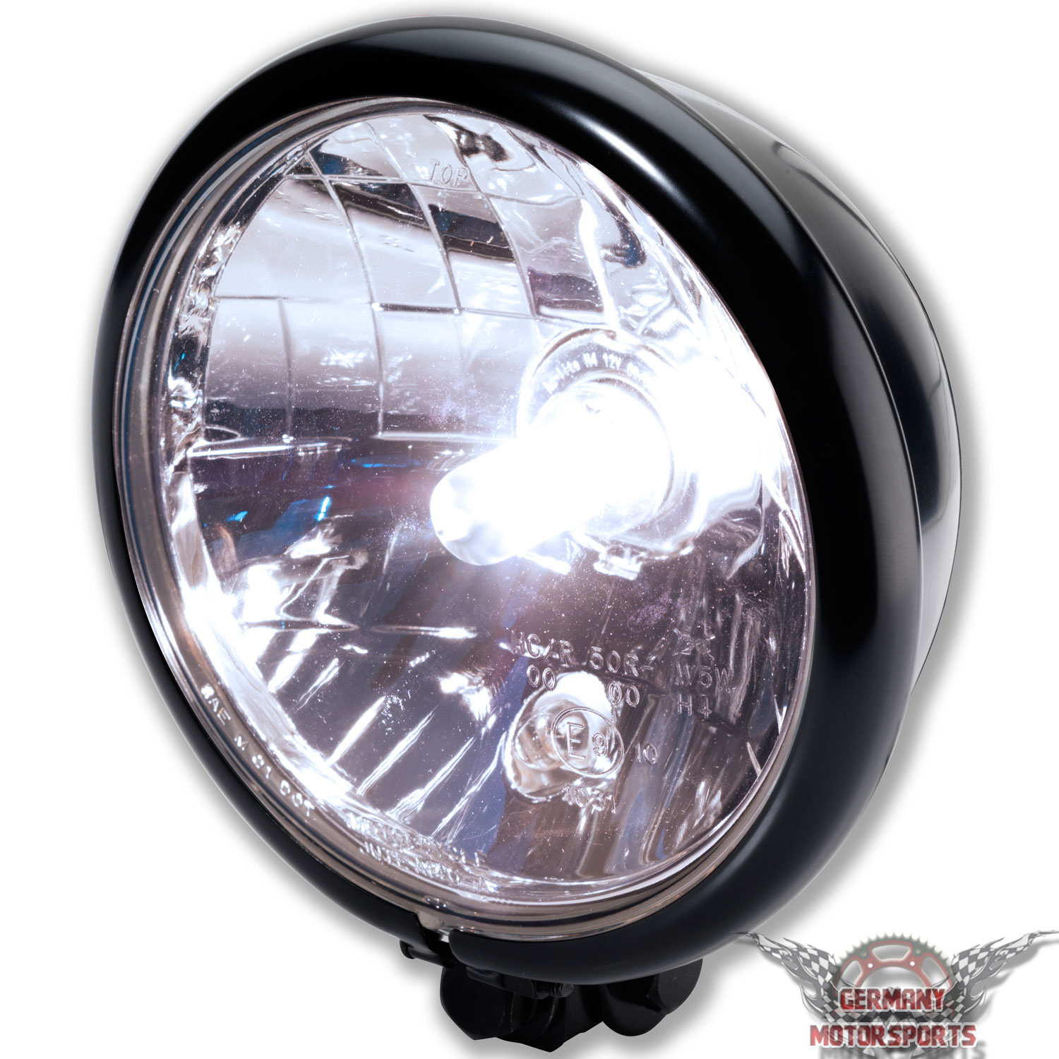 LED Motorrad Scheinwerfer Skyline H4 Schwarz Klar Glas 5 3/4 Zoll