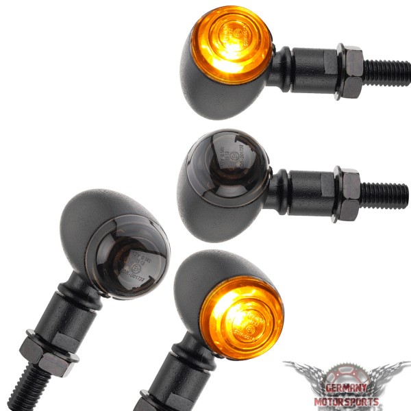 4 x Motorrad Halogen Metall Blinker Bullet schwarz getönt 2 Paar Chopper Cruiser Cafe Racer