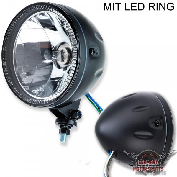LED Motorrad Scheinwerfer Skyline BM H4 Schwarz Klar Glas 5 3/4 Zoll mit Halterung