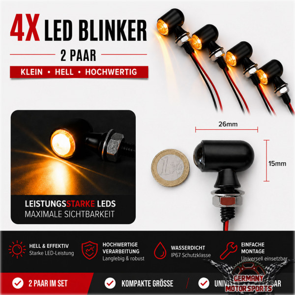 LED Motorrad Metall Blinker Mini Bullet schwarz smoke getönt 4er Set